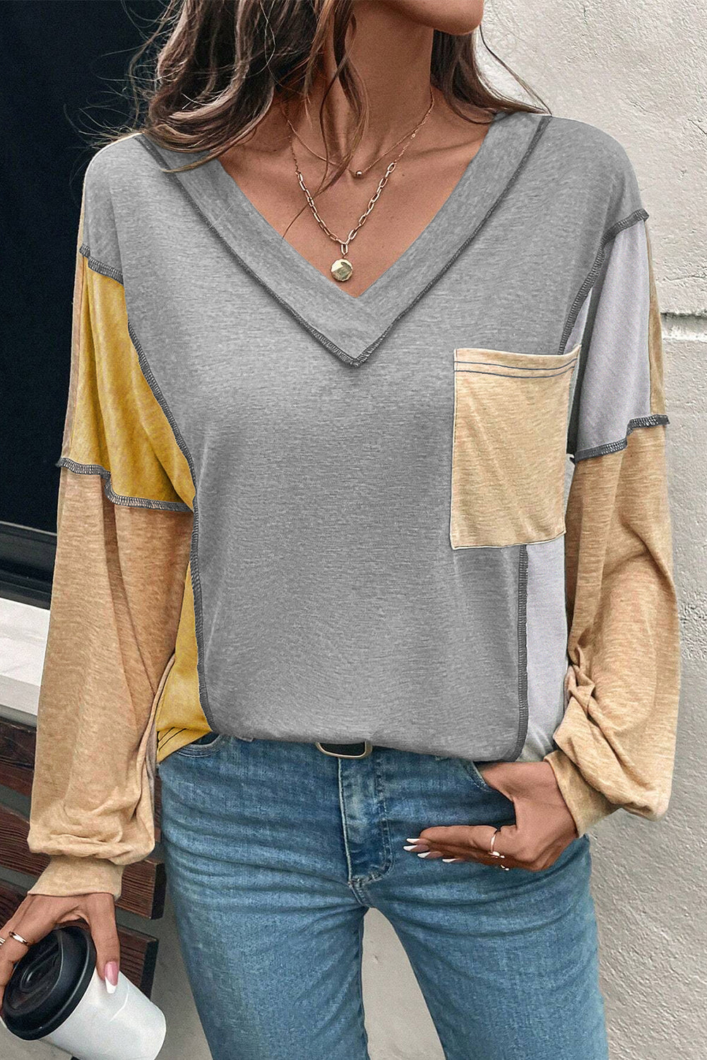 High Exposed Stitching Colorblock V Neck Long Sleeve Top