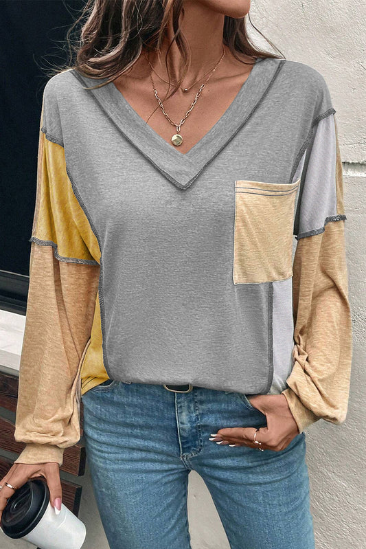 High Exposed Stitching Colorblock V Neck Long Sleeve Top