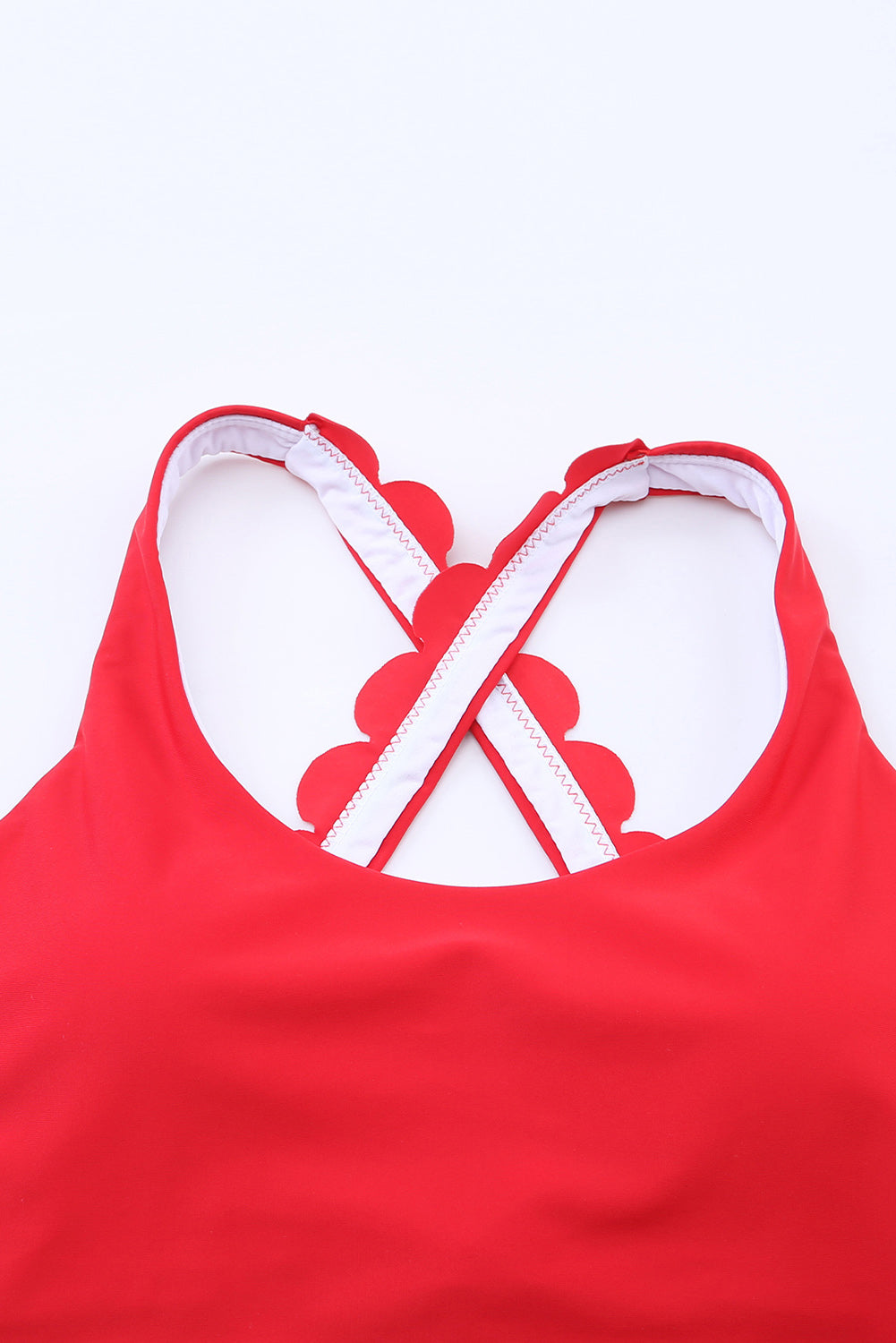 Fiery Red Scallop Detail Cross Back Crop Bikini Top
