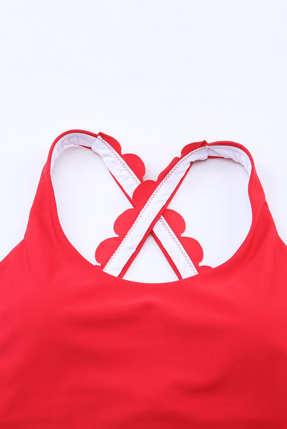 Fiery Red Scallop Detail Cross Back Crop Bikini Top