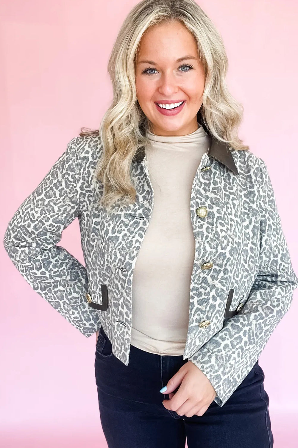 Black Leopard Print Button Flap Contrast PU Leather Collar Patchwork Jacket