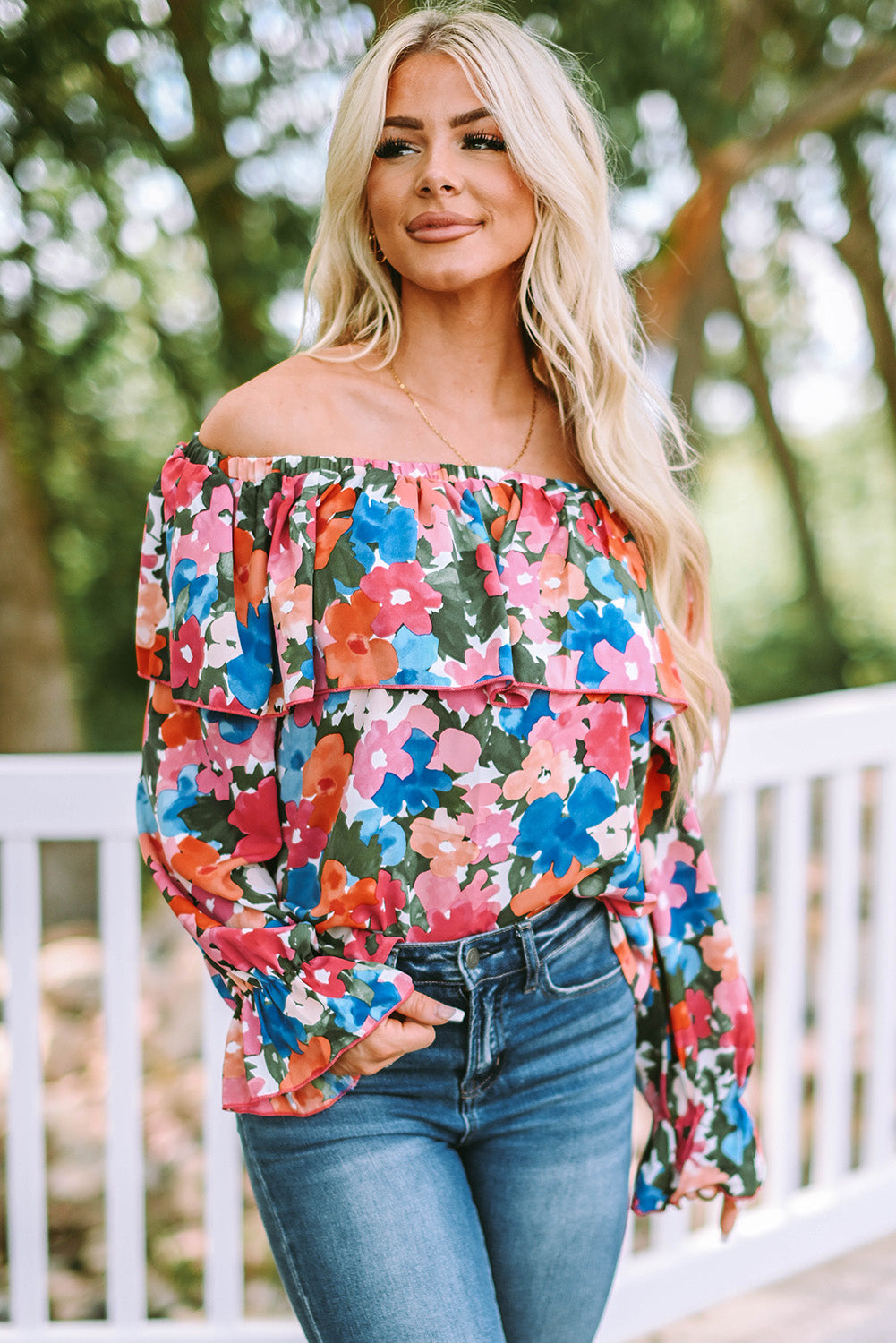 Floral Off Shoulder Ruffle Sleeve Blouse