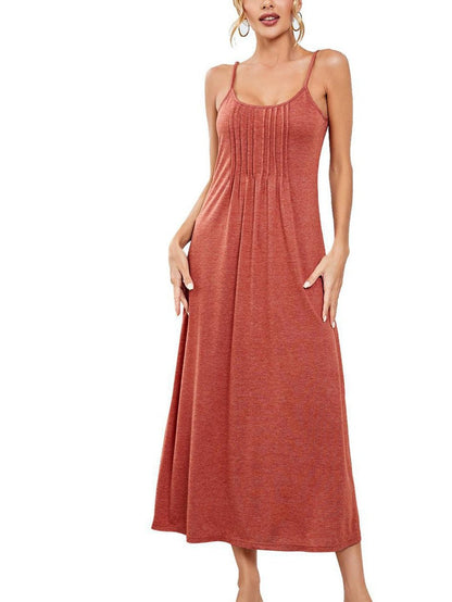 Crimson Clay Pleated Spaghetti Strap Relaxed Lounge Maxi Dress