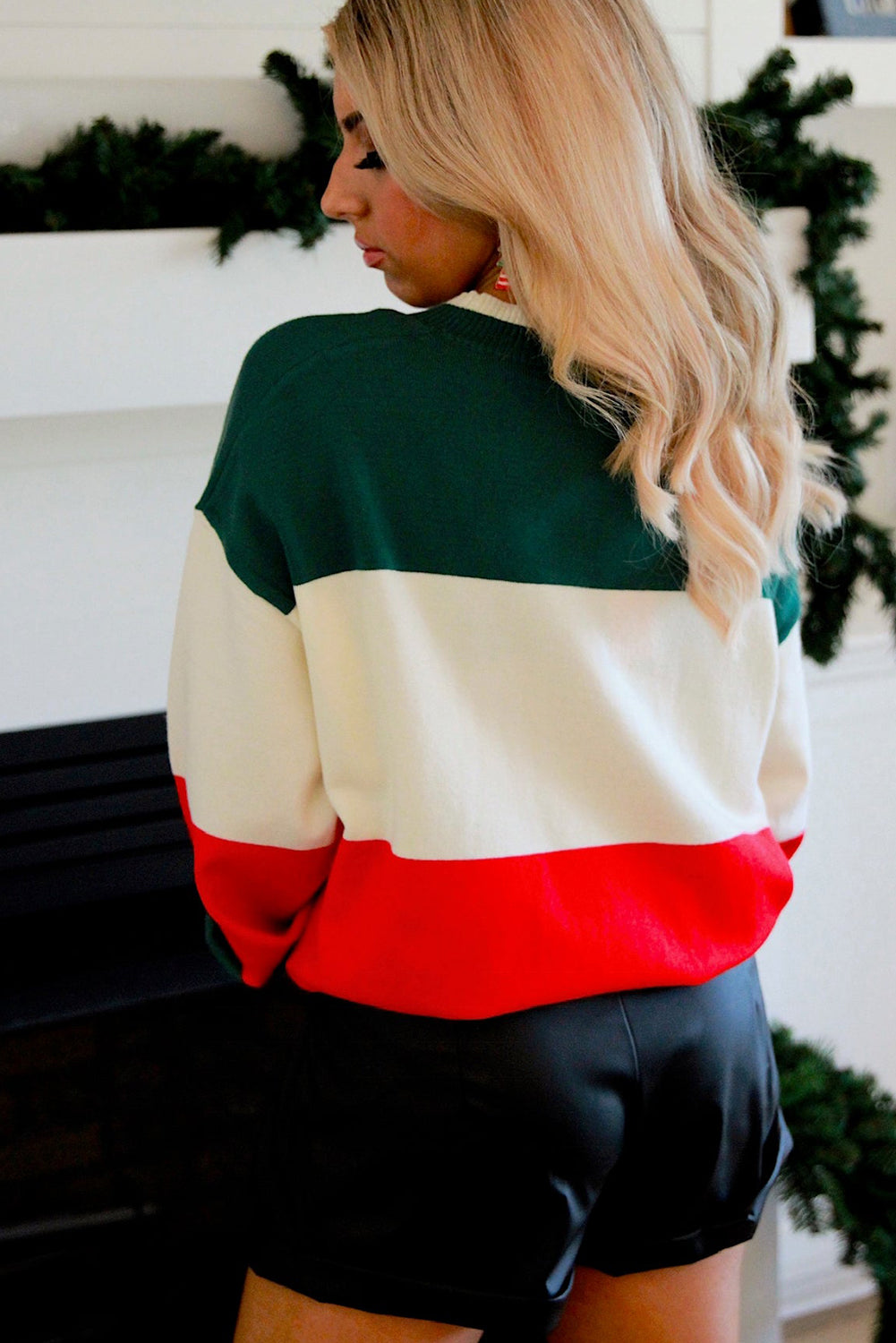 Green Sequined HOLLY JOLLY Color Block Crew Neck Sweater