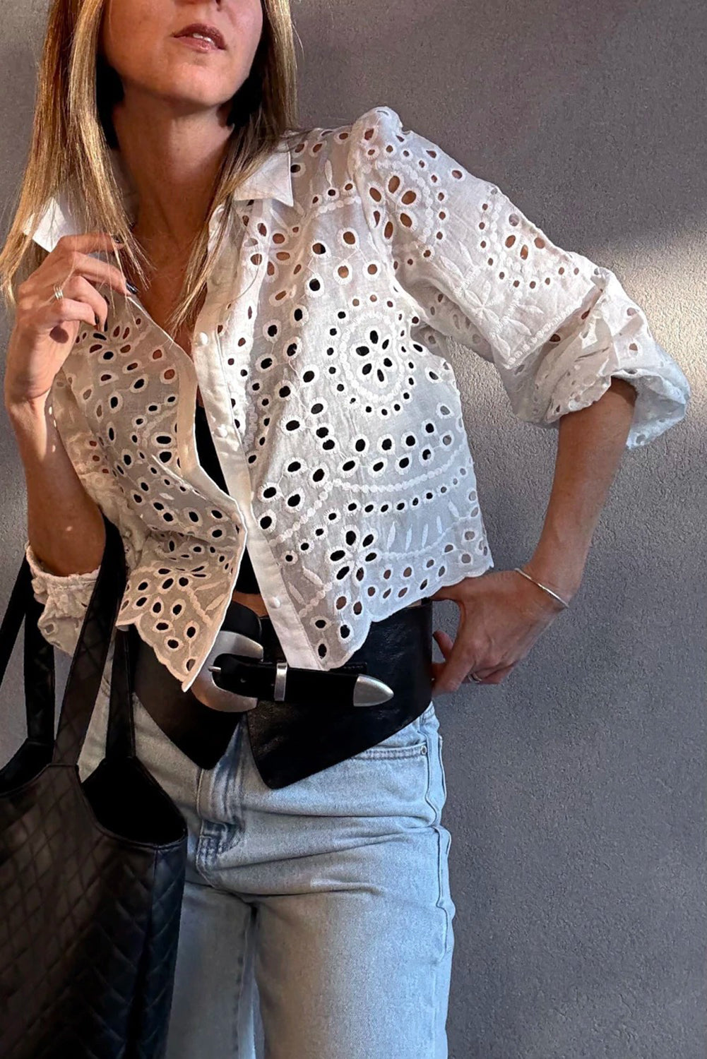 White Eyelet Embroidered Puff Sleeve Crop Shirt
