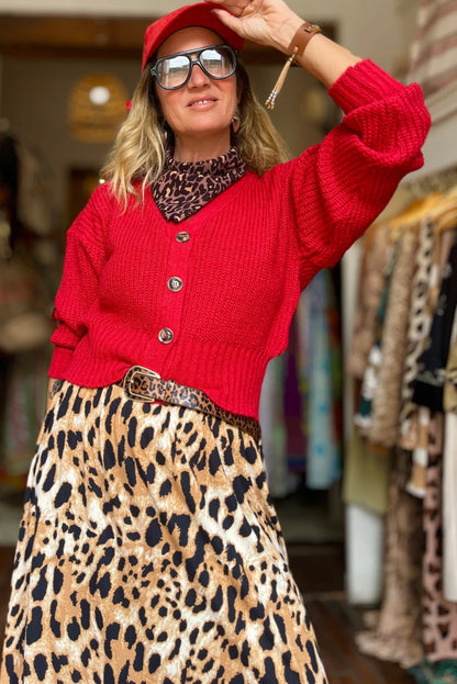 Fiery Red Button V Neck Fitted Hem Contrast Sweater Cardigan