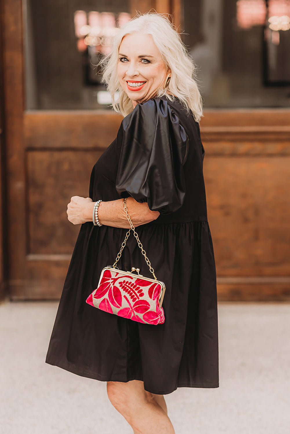 Curvy Black Swing Dress with Half Puff Sleeves