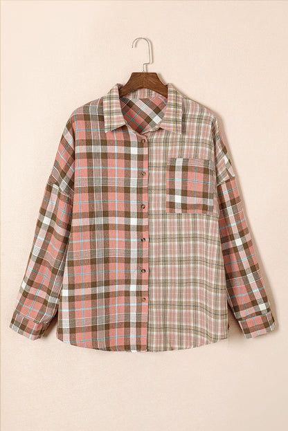 Pink Plaid Pocketed Plus Size Shirt With Long Sleeves