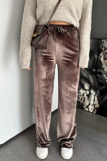 Goat Shiny Velvet Drawstring High Waist Straight Leg Casual Pants