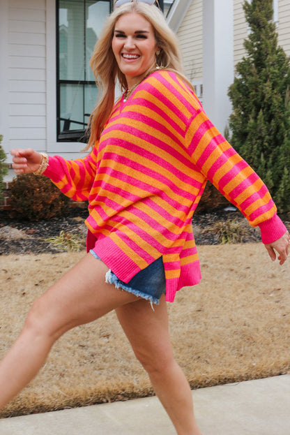 Beige Stripe V Neck Loose Fit Plus Sweater with Slits