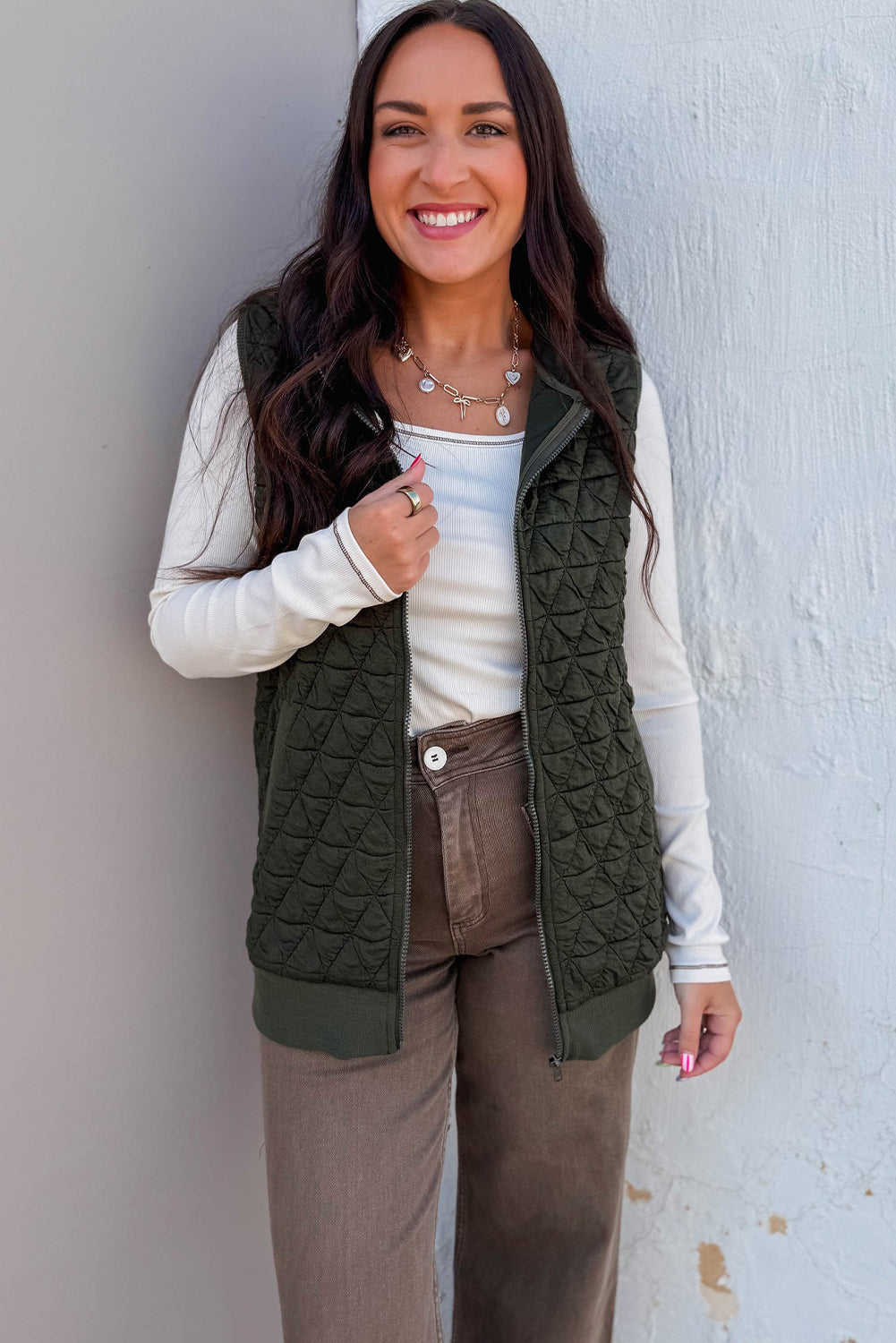 Blackish Green Quilted Texture Zip Up Hooded Vest