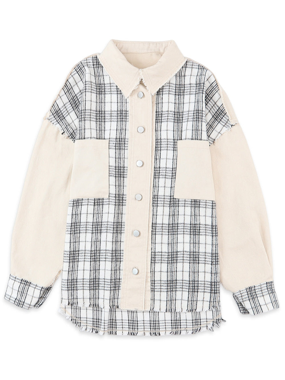 Khaki Plaid Patchwork Denim Shacket - Distressed Edges