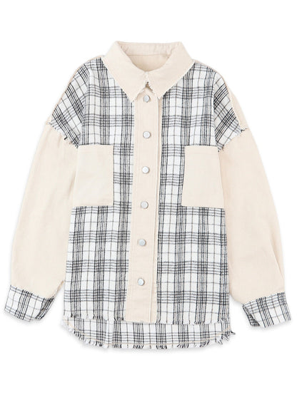Khaki Plaid Patchwork Denim Shacket - Distressed Edges