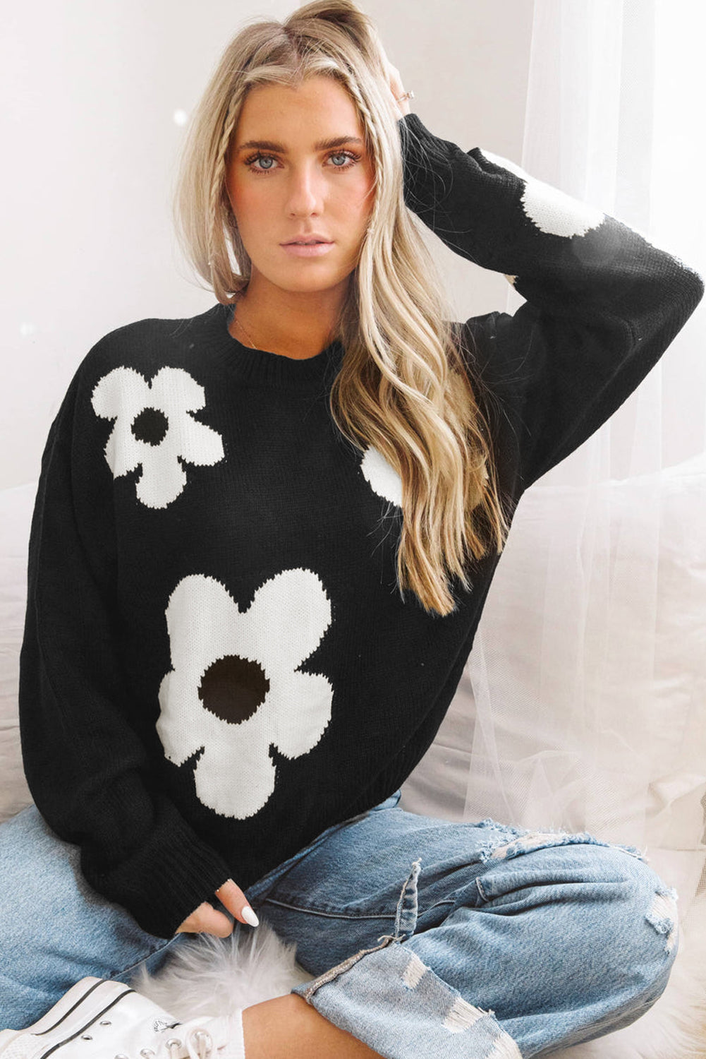 Elegant Black Floral Knit Sweater