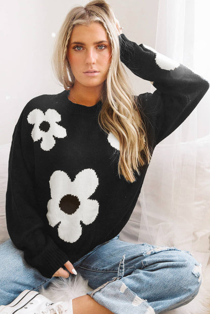 Elegant Black Floral Knit Sweater