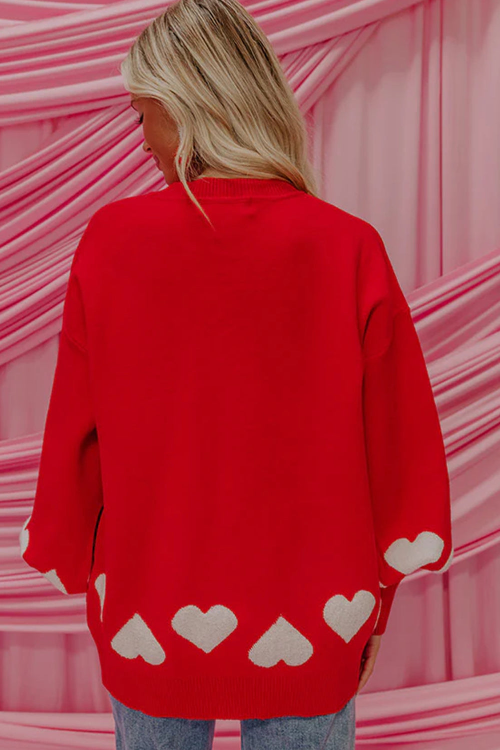 Fiery Red Contrast Heart Pattern Lantern Sleeve Tunic Sweater