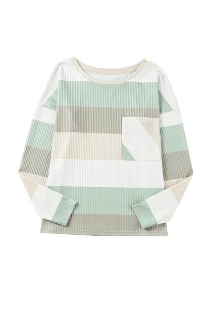 Green Striped Ribbed Long Sleeve Top with Chest Pocket