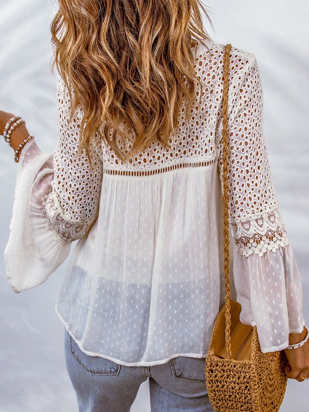 Elegant White Lace Patchwork Swiss Dot Blouse