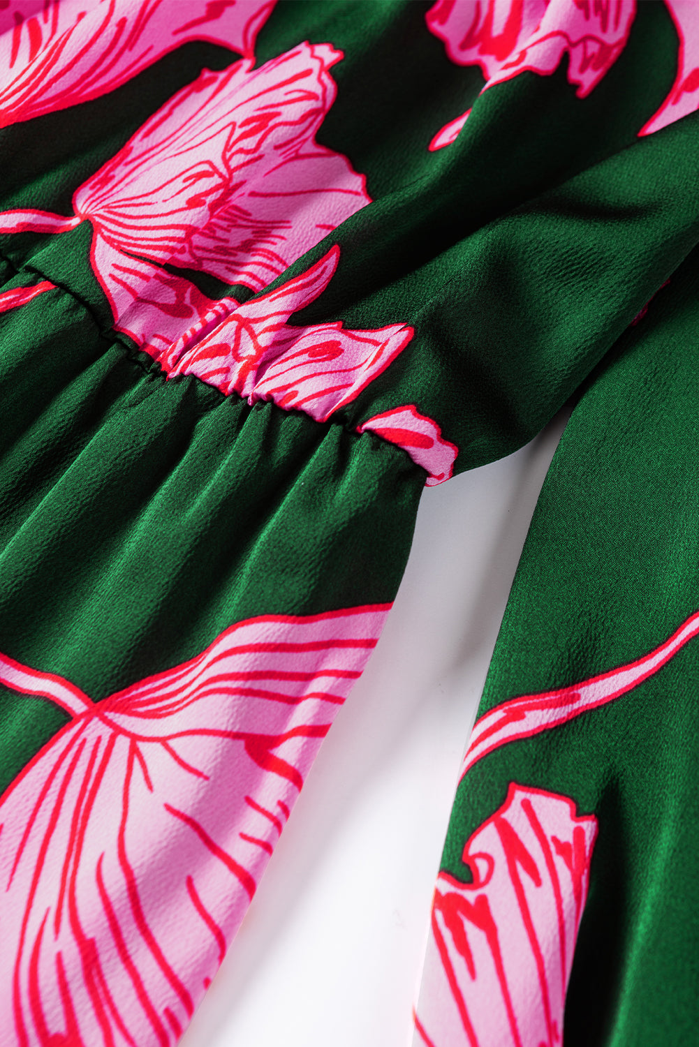 Green Plus Size Shirred Bracelet Sleeve Ruffled Floral Dress