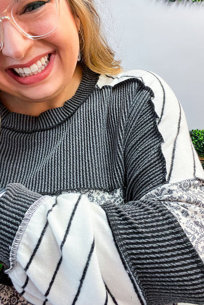 Gray Twisted Ribbed Paisley Print Striped Patchwork Plus Size Long Sleeve Top