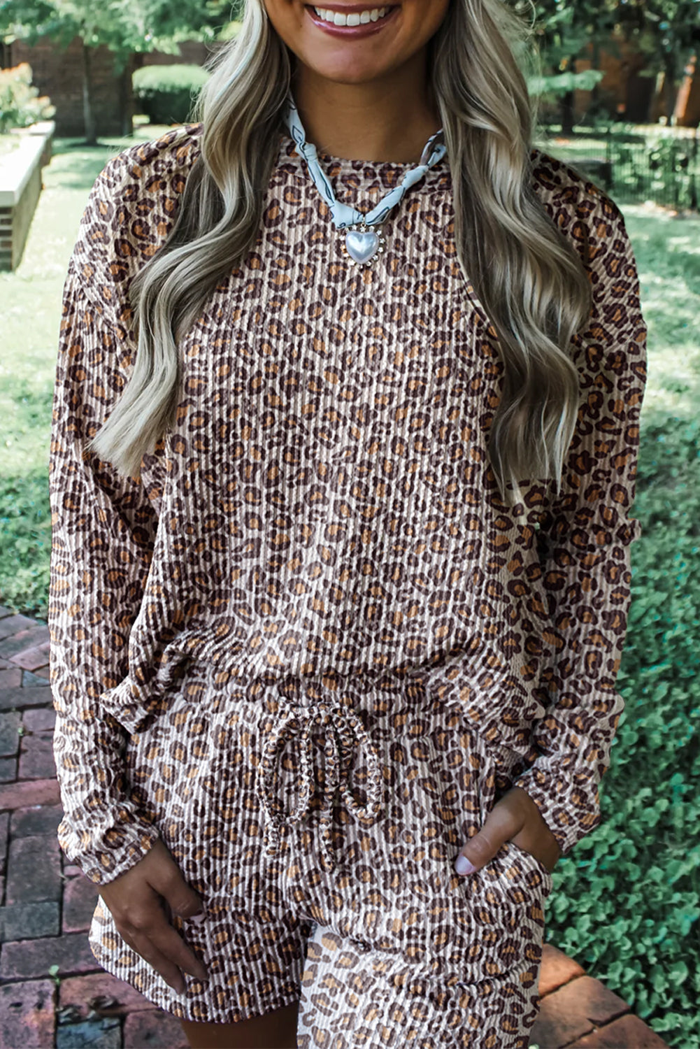 Khaki Leopard Ribbed Long Sleeve Top Drawstring Shorts 2pcs Outfit