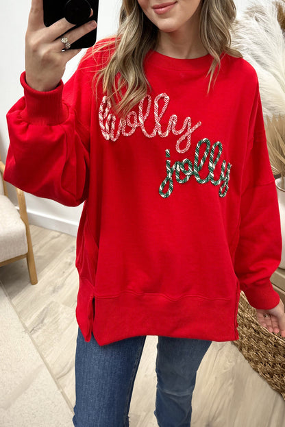 Racing Red holly jolly Playful Letter Embroidered Baggy Sweatshirt