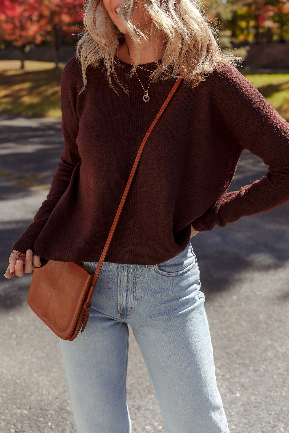 Burgundy Solid Ribbed Knit Drop Shoulder Crew Neck Sweater