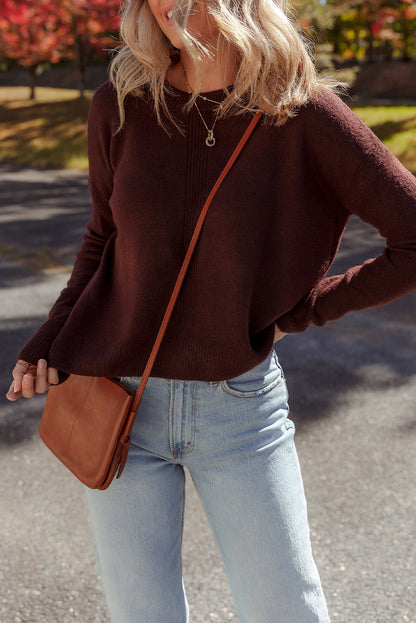 Burgundy Solid Ribbed Knit Drop Shoulder Crew Neck Sweater