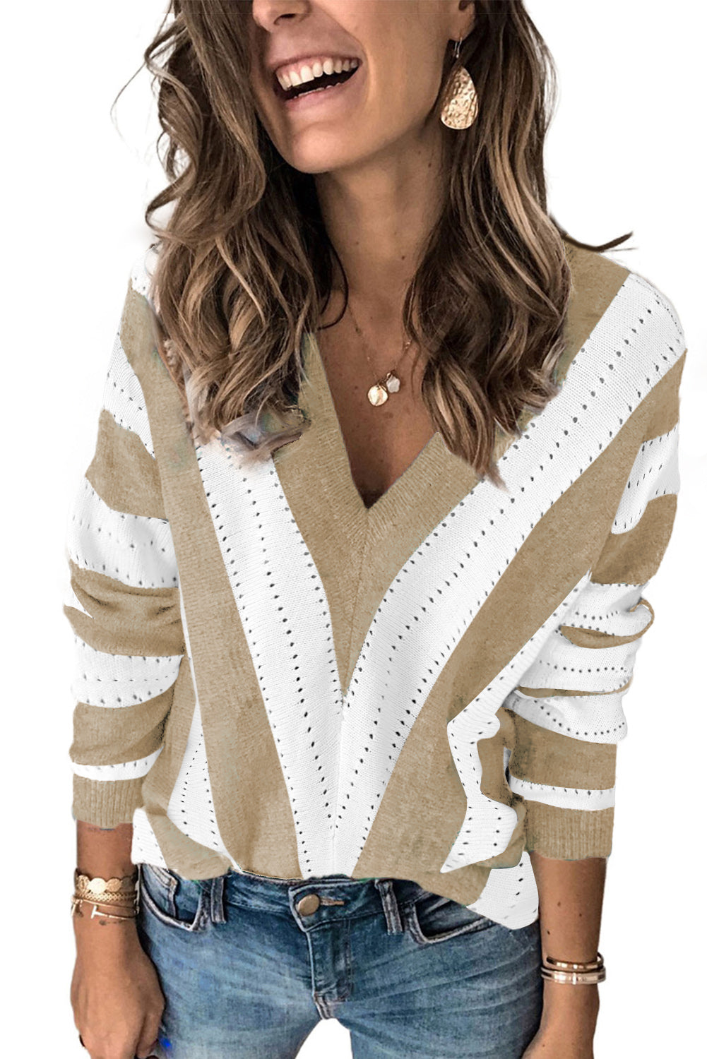 Khaki Colorblock V Neck Striped Knit Sweater