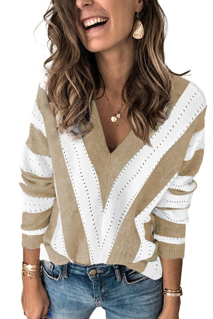 Khaki Colorblock V Neck Striped Knit Sweater