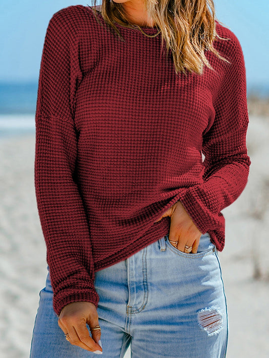 Fiery Red Waffle Knit Drop Sleeve Casual Top