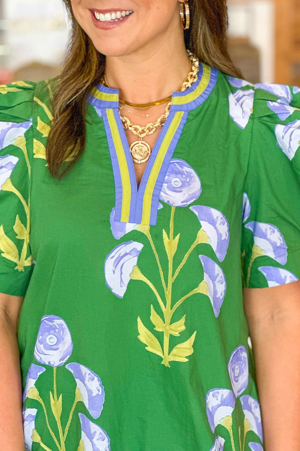 Green Floral Print Short Puff Sleeve Contrasted Striped V Neck Blouse