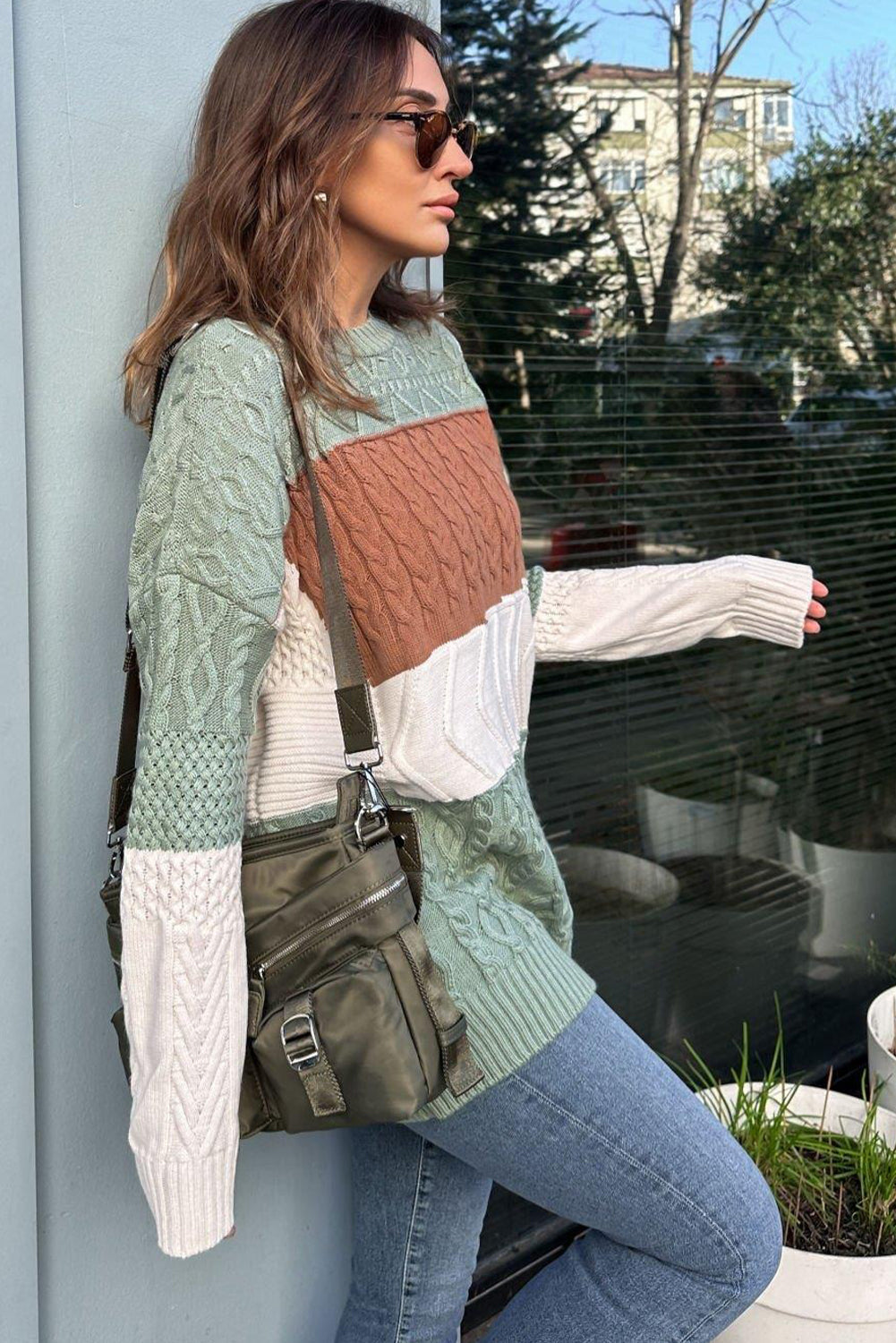 Green Cable Mix Texture Color Block Knit Baggy Sweater