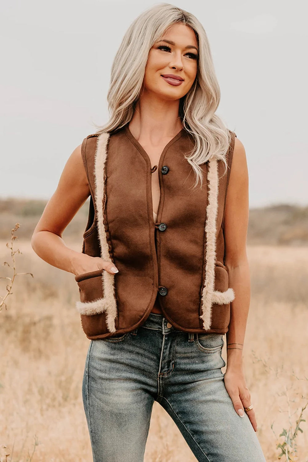 Coffee Faux Suede Plush Trim Button Down Vest