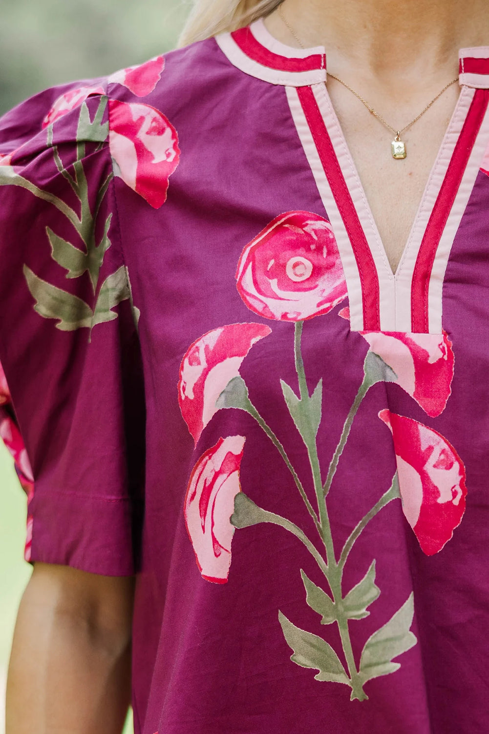 Red Floral Print Short Puff Sleeve Contrasted Striped V Neck Blouse