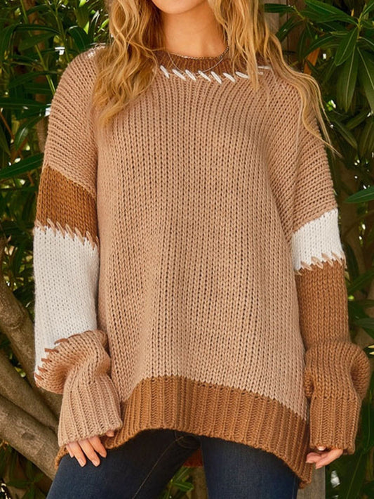 French Beige Patchwork Oversized Knit Sweater with Contrast Stitch
