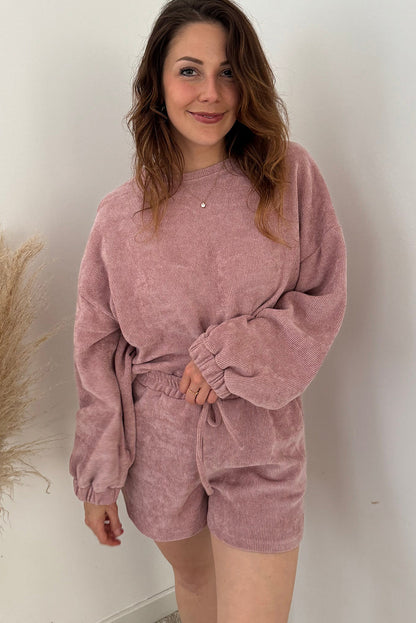 Fushia Solid Color Textured Knit Drop Shoulder Pullover Drawstring Shorts Set