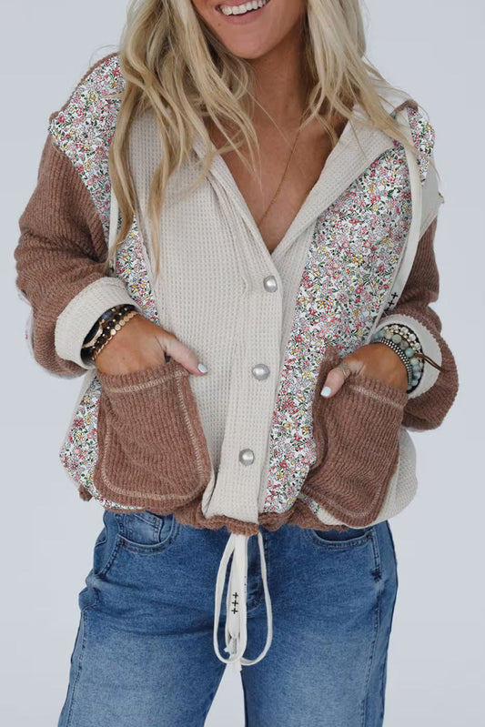 Jet Stream Mixed Textured Colorblock Floral Patchwork Hooded Shacket