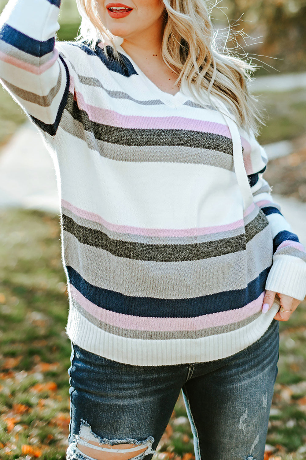 Stripe Oversized Hooded Knit Sweater for Curvy Women