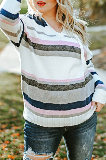 Stripe Oversized Hooded Knit Sweater for Curvy Women