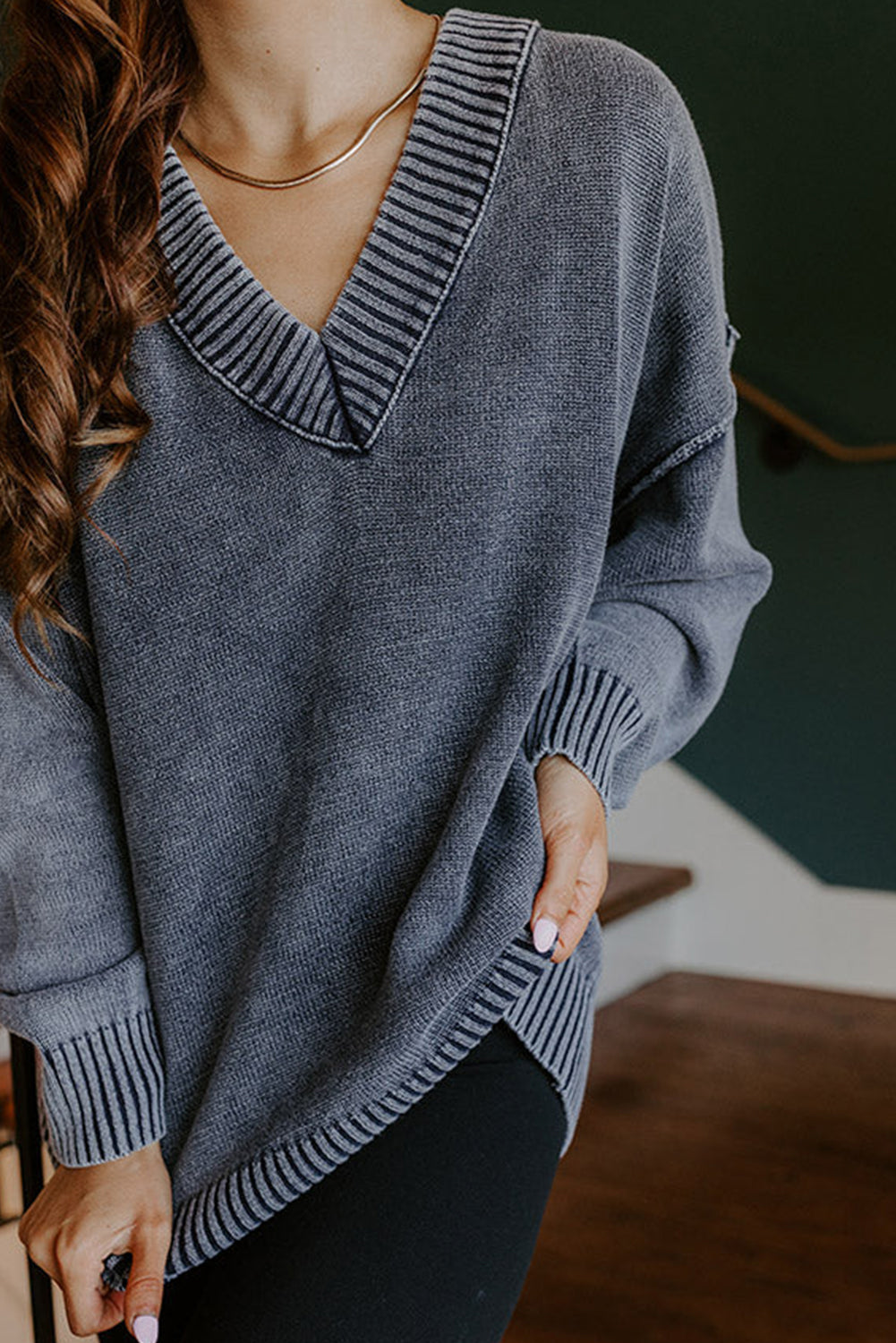 Navy Blue Mineral Wash V Neck Knit Exposed Seam Drop Shoulder Loose Sweater