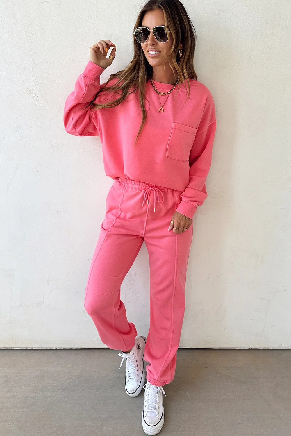 Strawberry Pink Single Chest Pocket Drop Shoulder Pullover Drawstring Jogger Pant Set