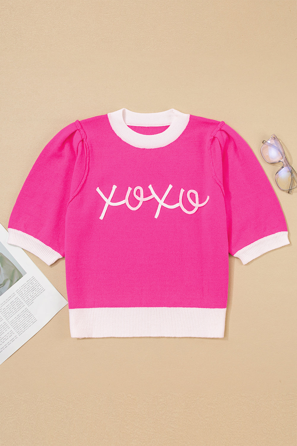 Bright Pink XOXO Tinsel Graphic Valentines Contrast Trim Crew Neck Short Puff Sleeve Sweater Tee