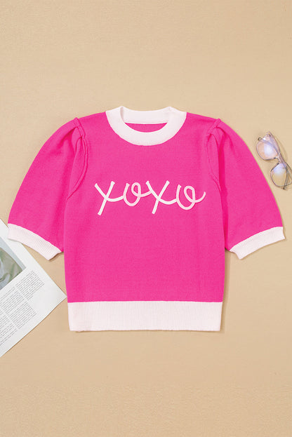Bright Pink XOXO Tinsel Graphic Valentines Contrast Trim Crew Neck Short Puff Sleeve Sweater Tee