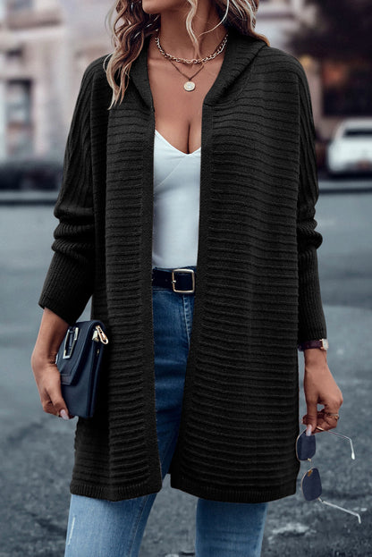 Black Ribbed Knit Hooded Cardigan for Stylish Autumn Layering