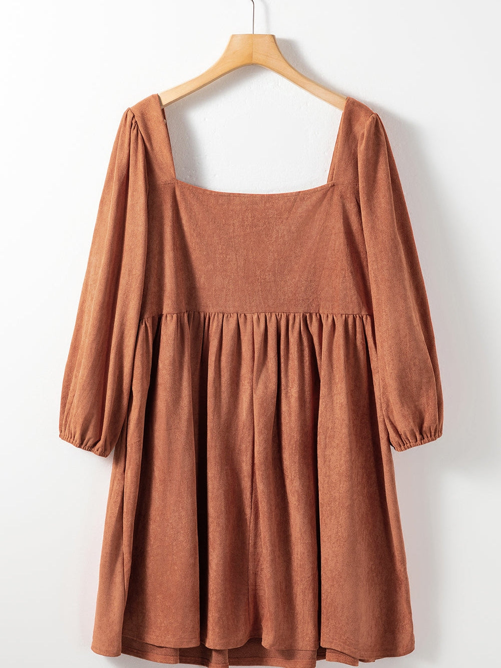 Chestnut Plus Size Suede Square Neck Balloon Sleeve Dress