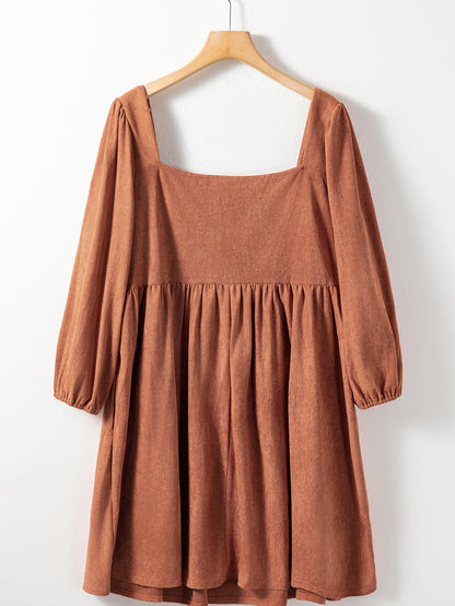 Chestnut Plus Size Suede Square Neck Balloon Sleeve Dress