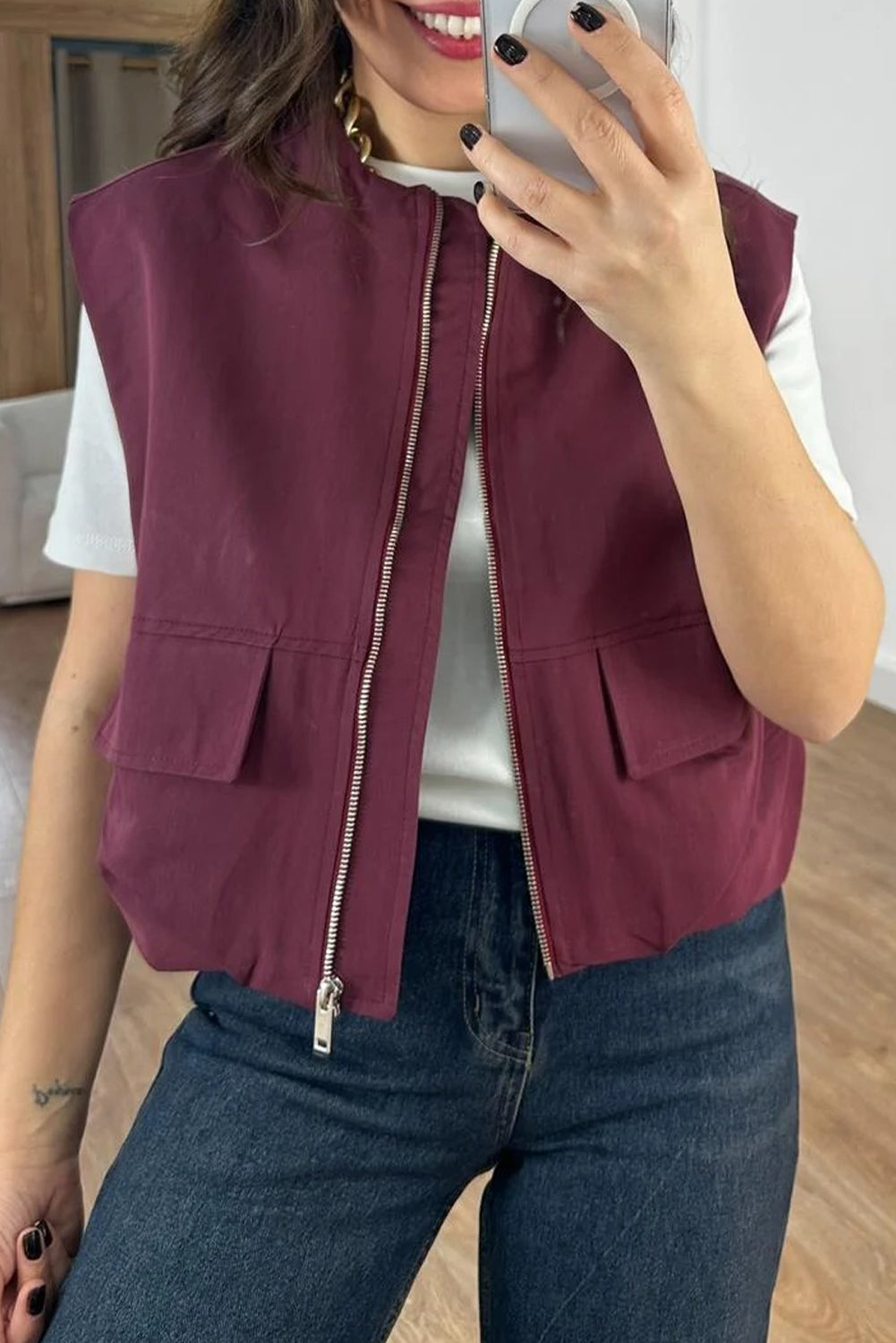 Burgundy Mock Pockets Zipped Front Cargo Style Casual Vest