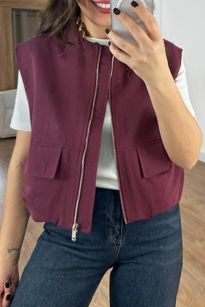 Burgundy Mock Pockets Zipped Front Cargo Style Casual Vest