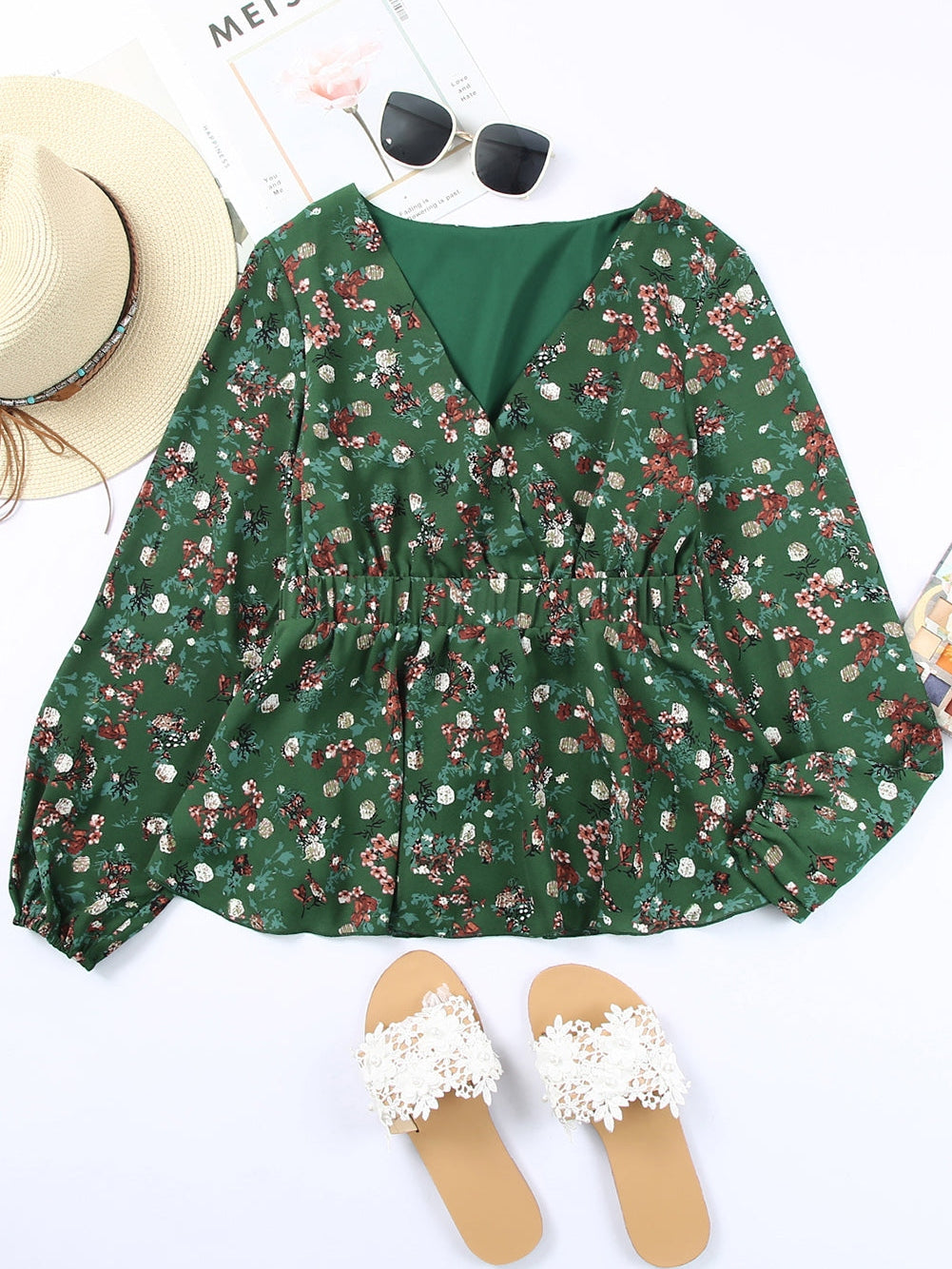 Green Ditsy Floral Peplum Blouse with V-Neck and Long Sleeves